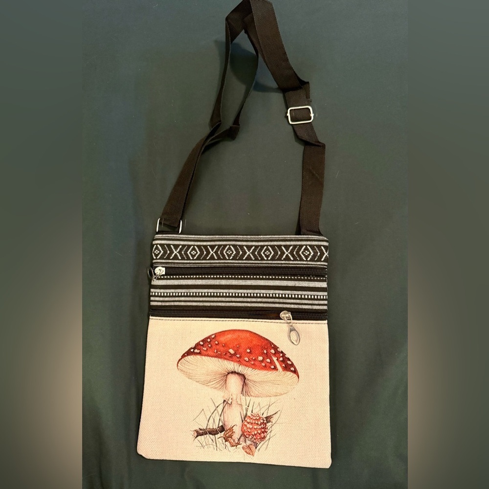 Cute Red Mushroom Crossbody Bag - Tribal Print in Black and Cream- Two Pockets